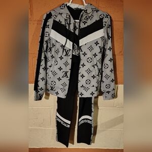 Gray White Black 3 Piece Monogram Logo Tracksuit Sweatpants Hoodie Top Size S